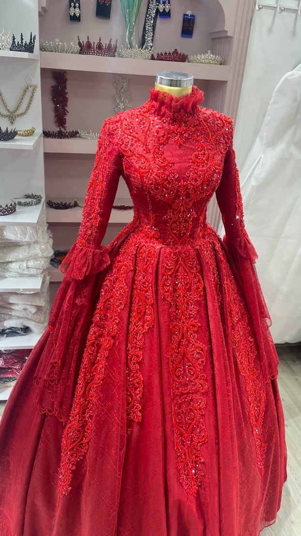 Uzun Kollu İşlemeli Kırmızı Kınalık - Görsel 4