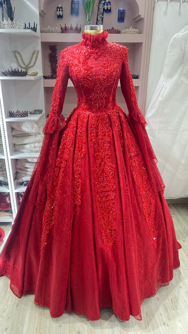 Uzun Kollu İşlemeli Kırmızı Kınalık - Görsel 5