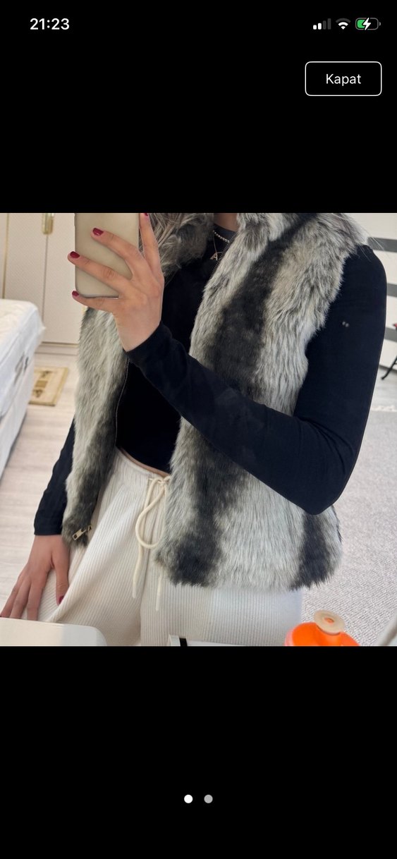 Gri Zebra Desenli Kürk Detaylı Kadın Yelek - Görsel 2