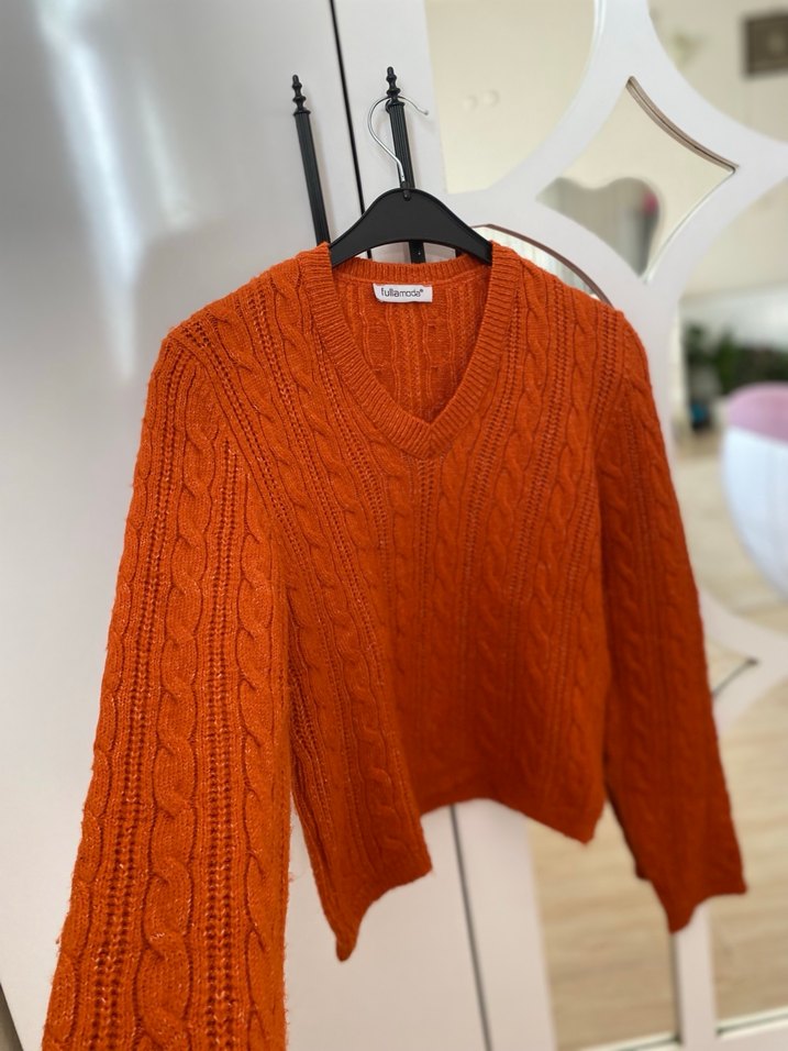 V Yaka Örgü Kahverengi Kadın Kazak - Görsel 2