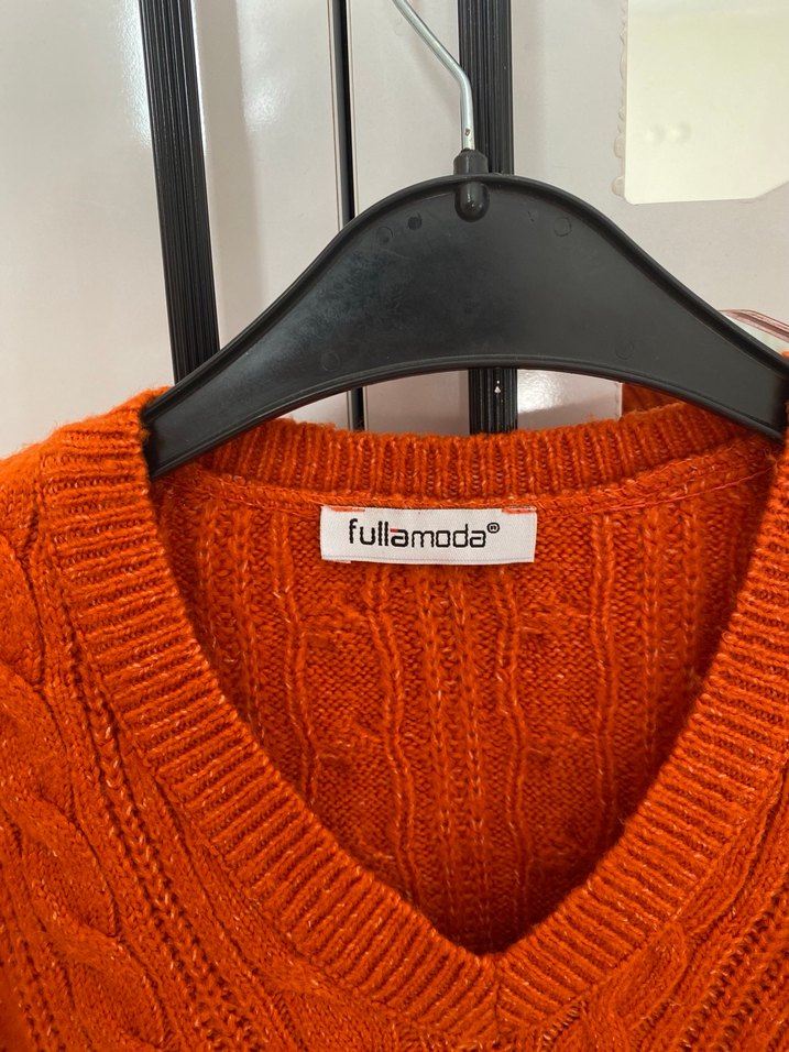 V Yaka Örgü Kahverengi Kadın Kazak - Görsel 4