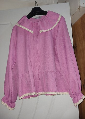 Pembe Keten Fırfırlı Kadın Gömlek
