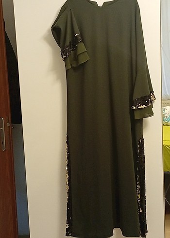 haki Yeşil Uzun Kollu Nakışlı Bohem Elbise - Görsel 10