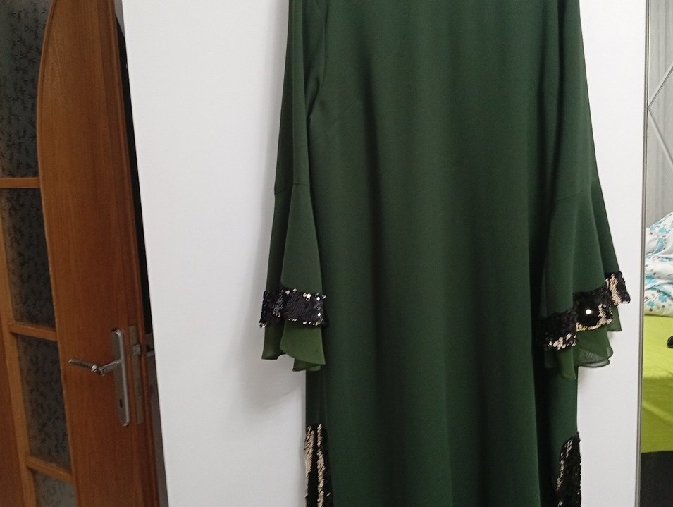 haki Yeşil Uzun Kollu Nakışlı Bohem Elbise - Görsel 3