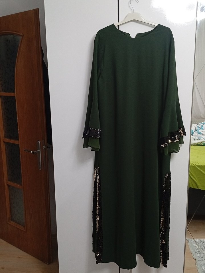 haki Yeşil Uzun Kollu Nakışlı Bohem Elbise - Görsel 2