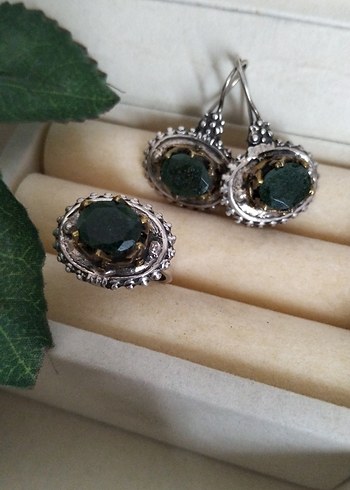 925 Ayar Gümüş Kök Zümrüt Taşlı Takı Seti - Görsel 5