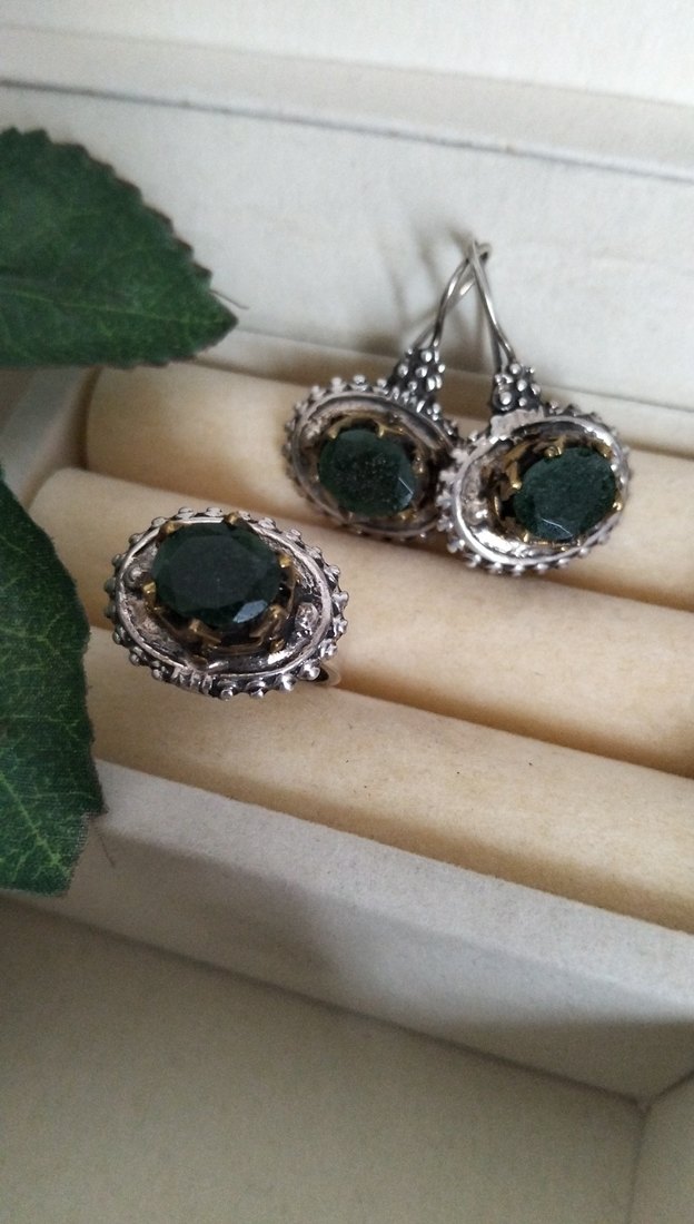 925 Ayar Gümüş Kök Zümrüt Taşlı Takı Seti - Görsel 5