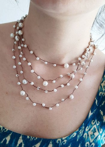 Uzun Beyaz Boncuklu Bohem Kadın Kolye - Görsel 4