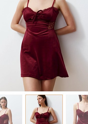 Bordo Süet Dantel Detaylı V Yaka Mini Elbise - Görsel 2