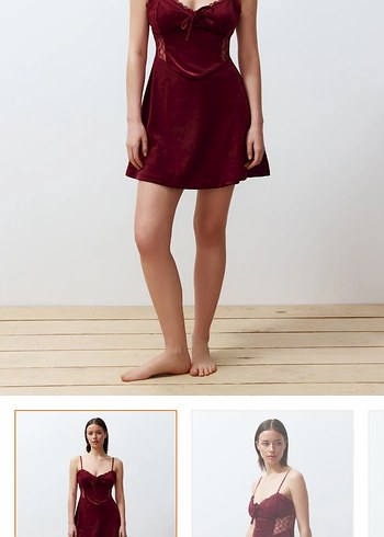 Bordo Süet Dantel Detaylı V Yaka Mini Elbise - Görsel 4