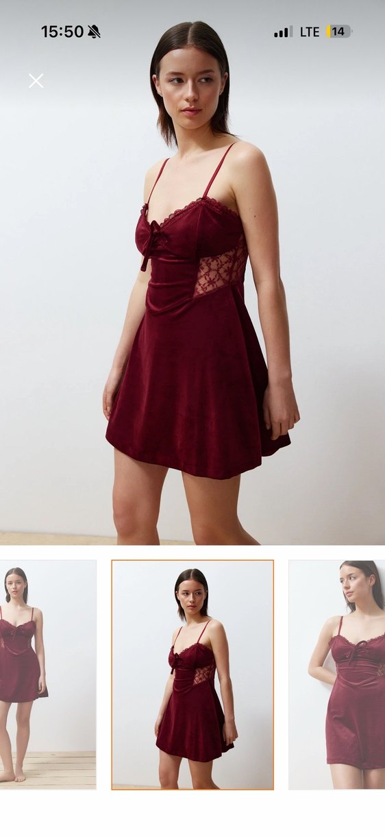 Bordo Süet Dantel Detaylı V Yaka Mini Elbise - Görsel 3