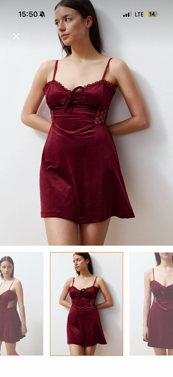 Bordo Süet Dantel Detaylı V Yaka Mini Elbise - Görsel 2