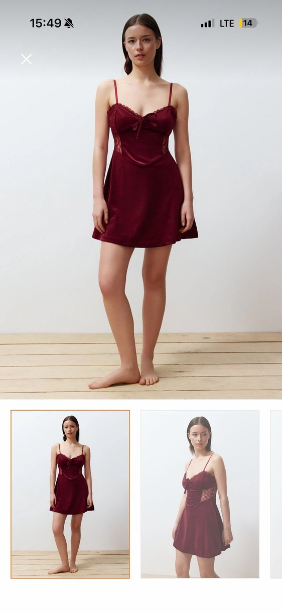 Bordo Süet Dantel Detaylı V Yaka Mini Elbise - Görsel 4