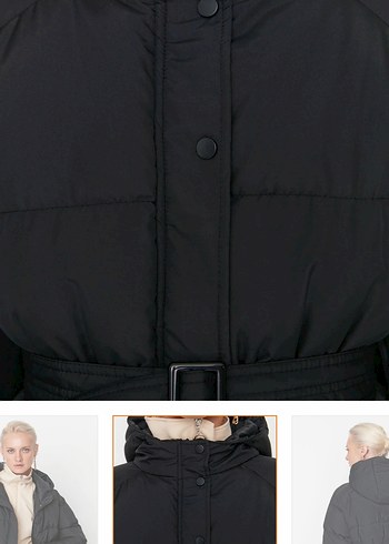 Kemerli Siyah Kadın Kışlık Mont - Görsel 4