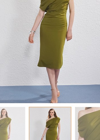 Kadın Haki Midi Drapeli Kalem Elbise - Görsel 3