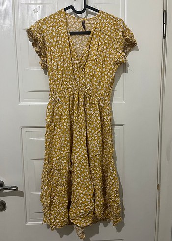 Sarı V Yaka Fırfırlı Bohem Midi Elbise - Görsel 2