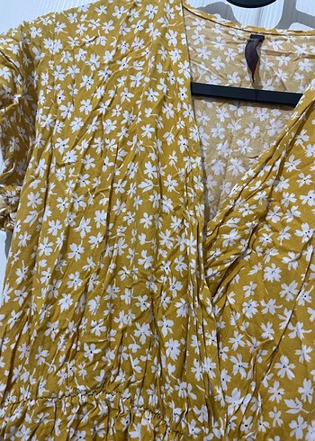 Sarı V Yaka Fırfırlı Bohem Midi Elbise - Görsel 3