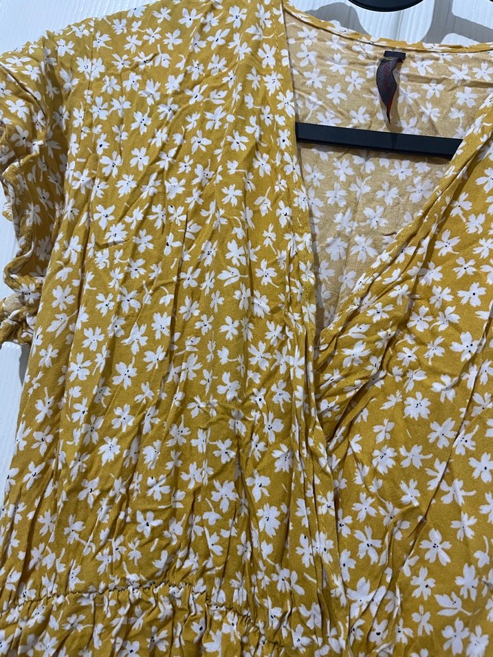 Sarı V Yaka Fırfırlı Bohem Midi Elbise - Görsel 3