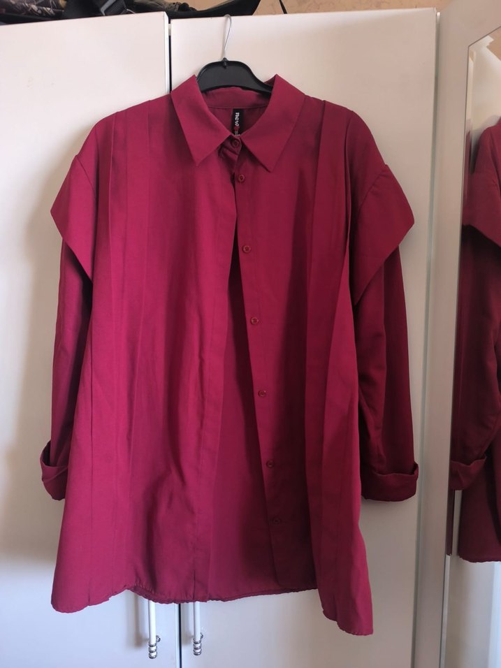 Bordo Uzun Kollu Düğmeli Keten Gömlek - Görsel 2