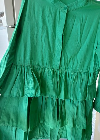 Yeşil Fırfırlı Uzun Kollu Keten Tunik - Görsel 4