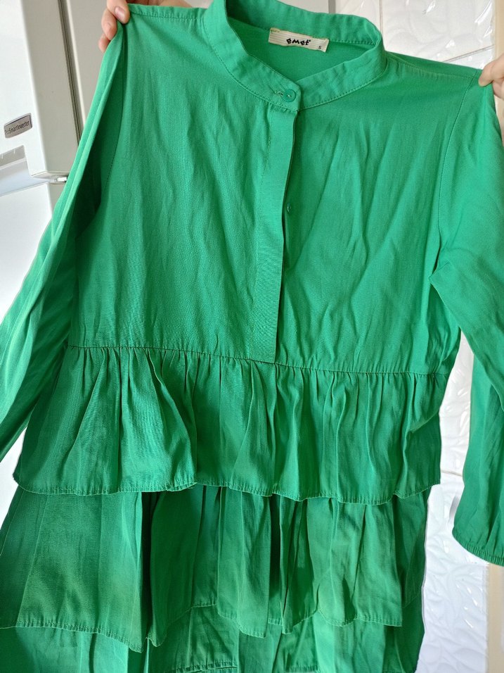 Yeşil Fırfırlı Uzun Kollu Keten Tunik - Görsel 2