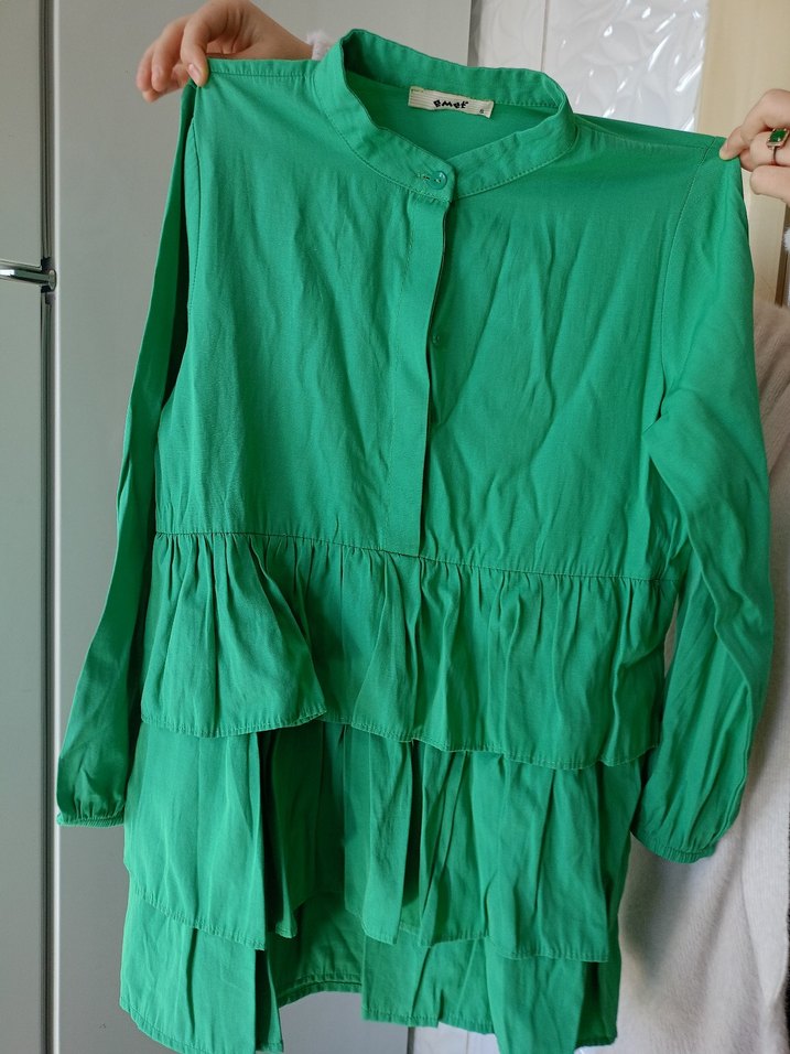Yeşil Fırfırlı Uzun Kollu Keten Tunik - Görsel 3