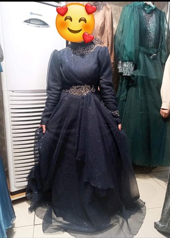 Lacivert İşlemeli Uzun Kollu Uzun Abiye Elbise - Görsel 2