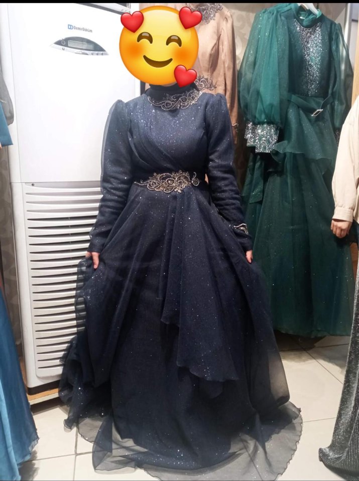 Lacivert İşlemeli Uzun Kollu Uzun Abiye Elbise - Görsel 2