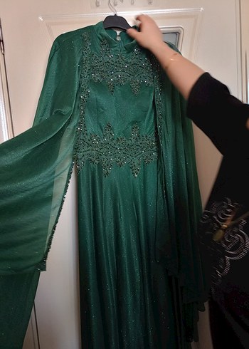 Yeşil Uzun Kollu İşlemeli Abiye Elbise - Görsel 5