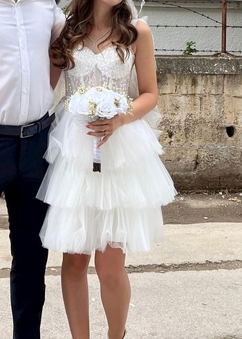 Abiye Kısa A Kesim Straplez Beyaz Gelinlik