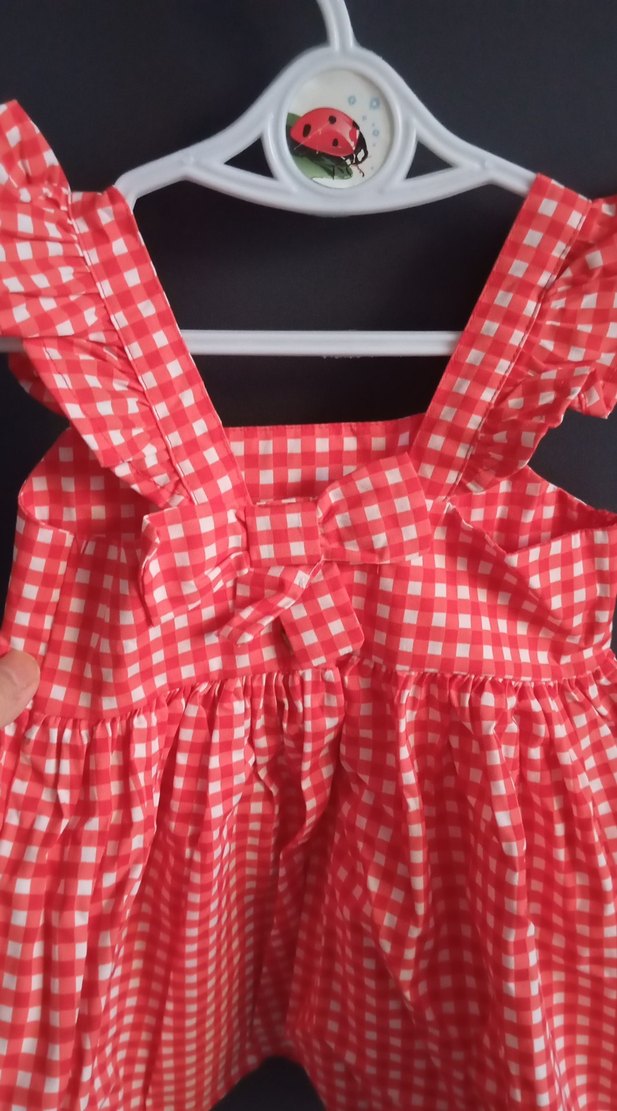 Pembe Kareli Fırfırlı Askılı Kız Elbisesi - Görsel 3