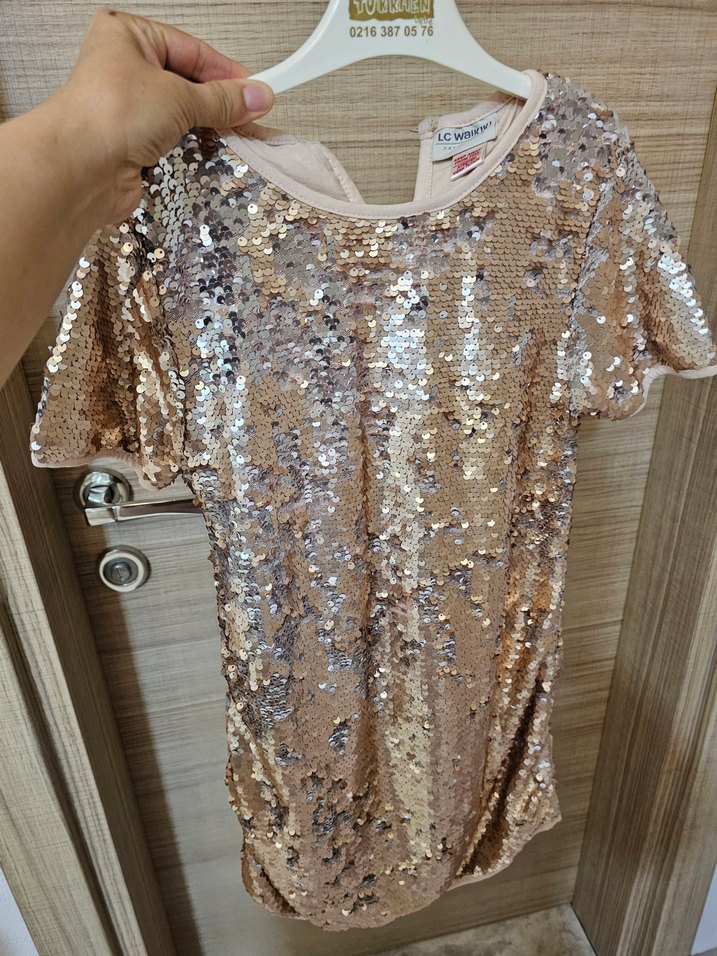Altın Renkli Mini Payetli cocuk  Elbise - Görsel 2