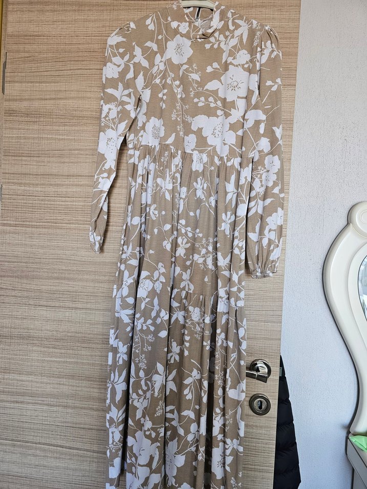 Bej Çiçek Desenli Bohem Uzun Elbise - Görsel 2