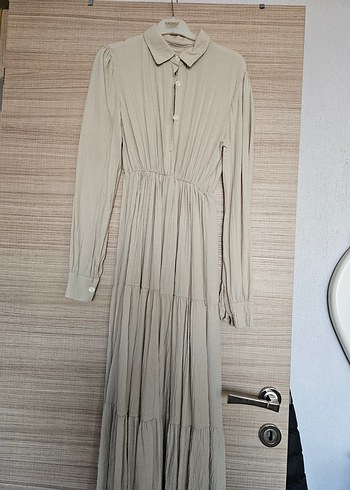 Bej Düğmeli Uzun Keten Elbise - Görsel 2