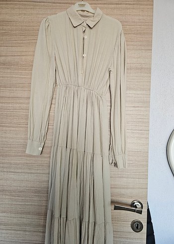 Bej Düğmeli Uzun Keten Elbise - Görsel 3