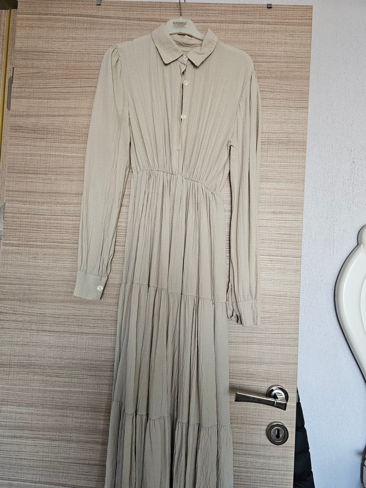 Bej Düğmeli Uzun Keten Elbise - Görsel 2