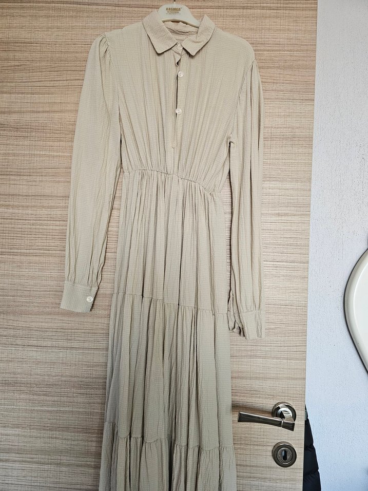 Bej Düğmeli Uzun Keten Elbise - Görsel 3