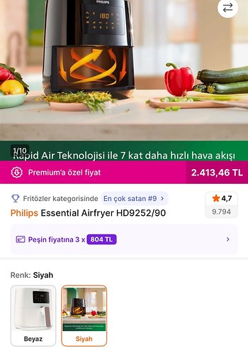 Philips Essential Airfryer HD9252/90 Siyah