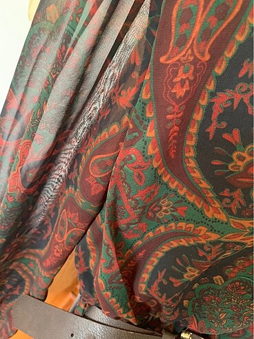 Etnik desenli vincent elbise kahve deri kemerli - Görsel 5