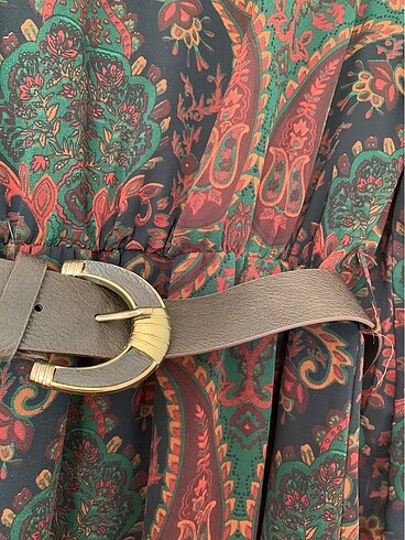 Etnik desenli vincent elbise kahve deri kemerli - Görsel 8