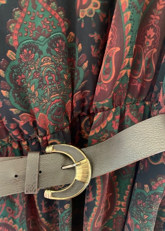 Etnik desenli vincent elbise kahve deri kemerli - Görsel 3