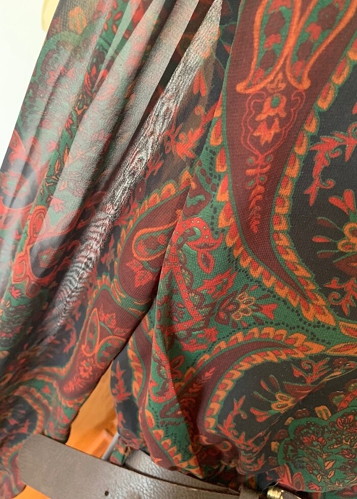 Etnik desenli vincent elbise kahve deri kemerli - Görsel 5