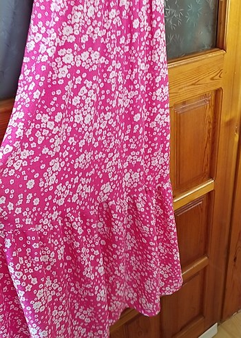 Pembe Bağlama Desenli Pileli Uzun elbise - Görsel 4