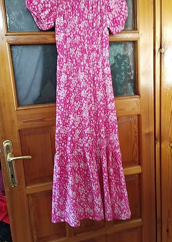 Pembe Bağlama Desenli Pileli Uzun elbise - Görsel 2