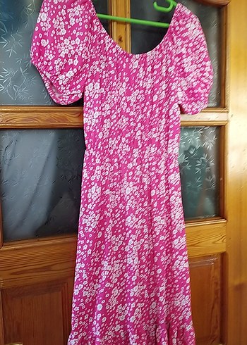 Pembe Bağlama Desenli Pileli Uzun elbise - Görsel 3