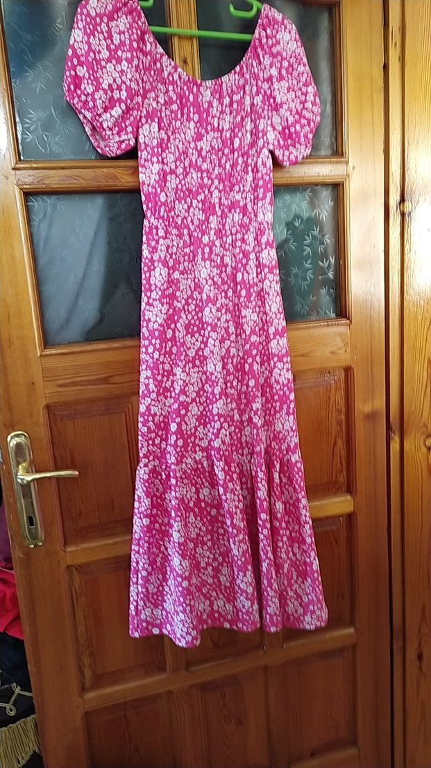 Pembe Bağlama Desenli Pileli Uzun elbise - Görsel 2