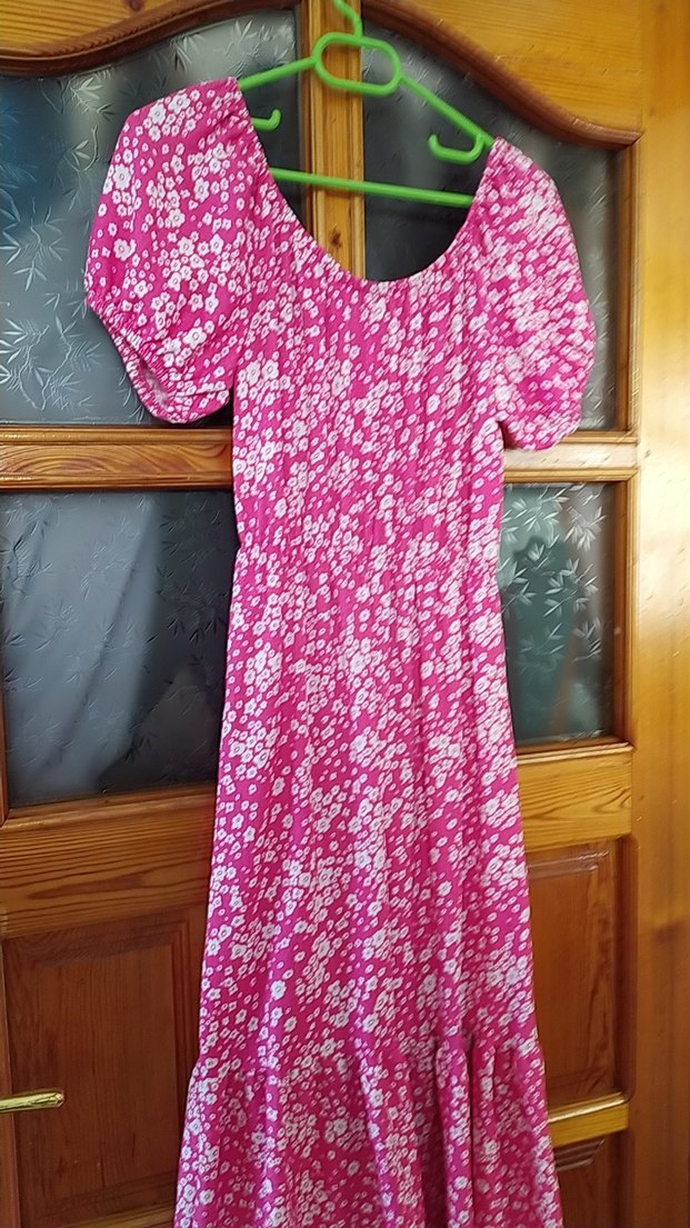 Pembe Bağlama Desenli Pileli Uzun elbise - Görsel 3