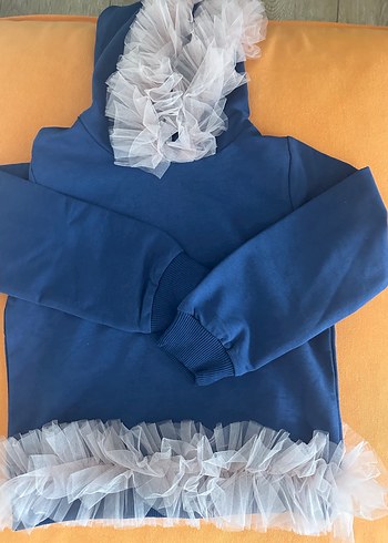 5 Yaş Beden kız çocuk Mavi Kapüşonlu Sweatshirt Fırfırlı