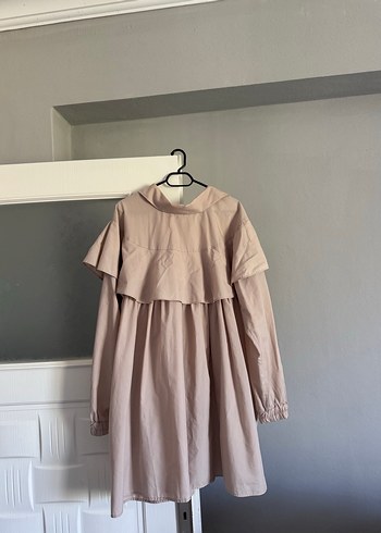 Bej Midi Keten Tunik Yakalı ve Volanlı