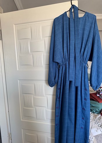 Bohem Uzun Kollu Gri Mavi Uzun Elbise - Görsel 2